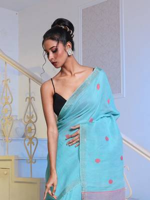 Sea Green Cotton Handwoven Soft Saree With Zari Borders 2