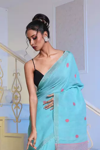 Sea Green Cotton Handwoven Soft Saree With Zari Borders