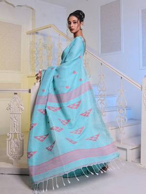 Sea Green Cotton Handwoven Soft Saree With Zari Borders 3