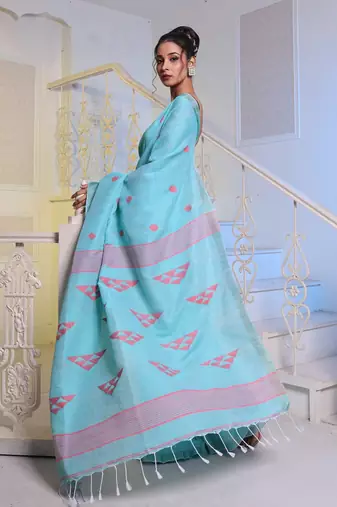 Sea Green Cotton Handwoven Soft Saree With Zari Borders