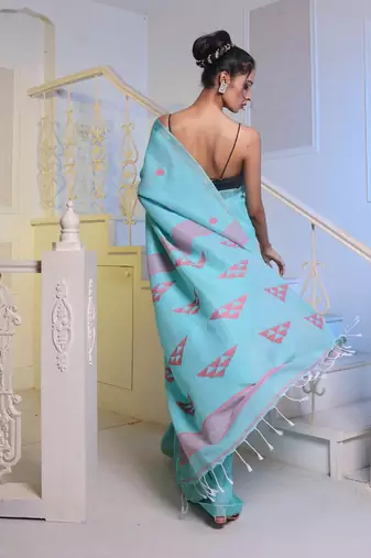 Sea Green Cotton Handwoven Soft Saree With Zari Borders