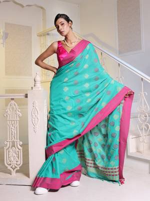 Sea Green Cotton Soft Saree With Textured Pallu 1