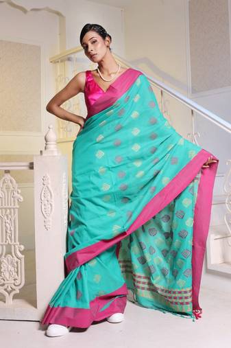 Sea Green Cotton Soft Saree With Textured Pallu