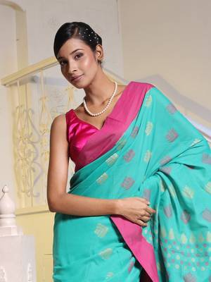 Sea Green Cotton Soft Saree With Textured Pallu 2