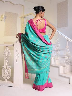 Sea Green Cotton Soft Saree With Textured Pallu 4