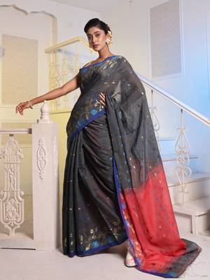 Dark Grey Cotton Blend Handwoven Saree With Woven Floral Designs 1