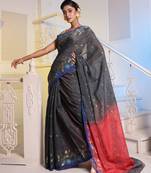 Dark Grey Cotton Blend Handwoven Saree With Woven Floral Designs
