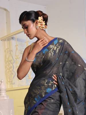 Dark Grey Cotton Blend Handwoven Saree With Woven Floral Designs 2