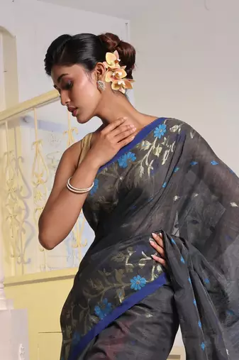Dark Grey Cotton Blend Handwoven Saree With Woven Floral Designs