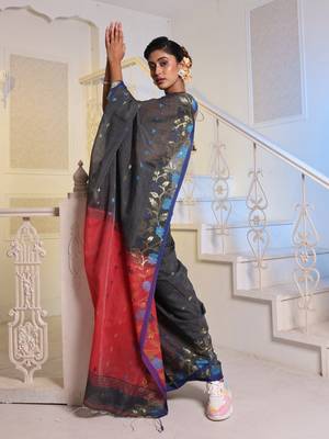 Dark Grey Cotton Blend Handwoven Saree With Woven Floral Designs 3