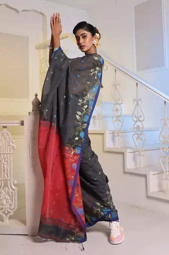 Dark Grey Cotton Blend Handwoven Saree With Woven Floral Designs