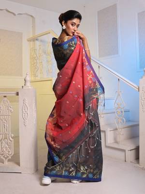 Dark Grey Cotton Blend Handwoven Saree With Woven Floral Designs 4