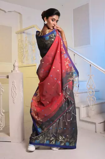 Dark Grey Cotton Blend Handwoven Saree With Woven Floral Designs