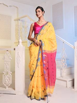 Yellow Cotton Blend Handwoven Saree With Woven Floral Designs 1