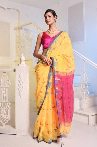 Yellow Cotton Blend Handwoven Saree With Woven Floral Designs