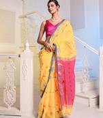 Yellow Cotton Blend Handwoven Saree With Woven Floral Designs