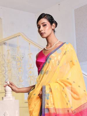 Yellow Cotton Blend Handwoven Saree With Woven Floral Designs 2