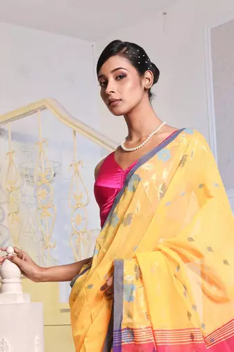 Yellow Cotton Blend Handwoven Saree With Woven Floral Designs