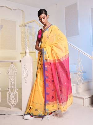 Yellow Cotton Blend Handwoven Saree With Woven Floral Designs 3