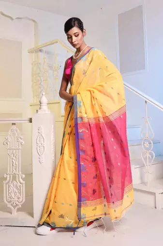 Yellow Cotton Blend Handwoven Saree With Woven Floral Designs