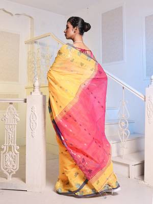 Yellow Cotton Blend Handwoven Saree With Woven Floral Designs 4