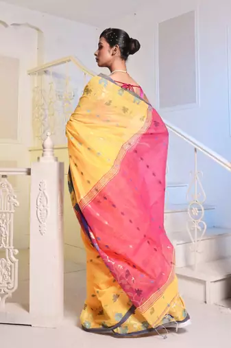 Yellow Cotton Blend Handwoven Saree With Woven Floral Designs