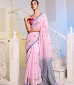 Baby Pink Cotton Blend Handwoven Saree With Woven Floral Designs