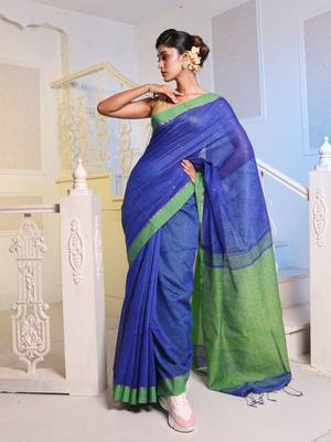 Blue Cotton Blend Handwoven Saree With Sequin Work 1