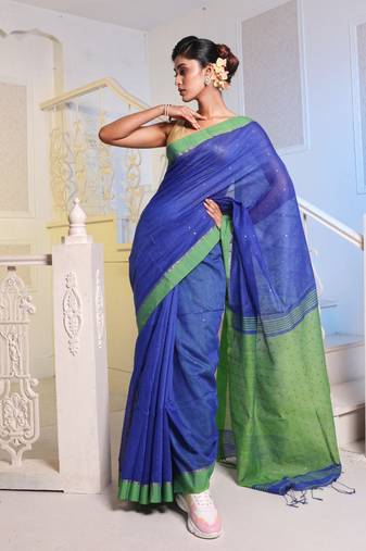 Blue Cotton Blend Handwoven Saree With Sequin Work