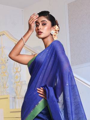Blue Cotton Blend Handwoven Saree With Sequin Work 2