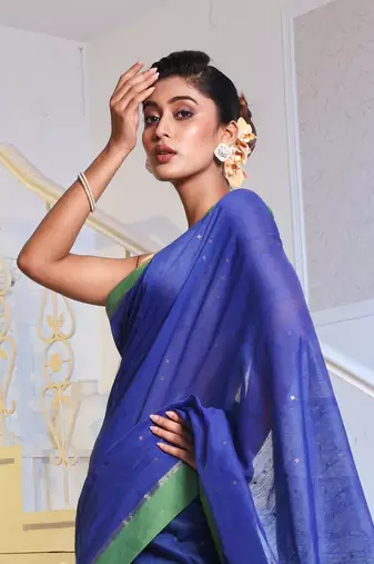 Blue Cotton Blend Handwoven Saree With Sequin Work