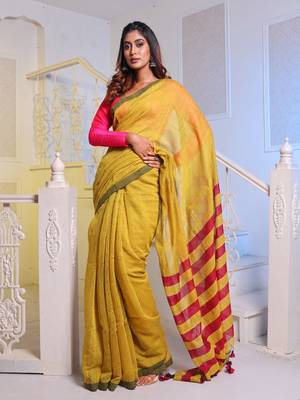 Mustard Cotton Blend Handwoven Saree With Magenta Stripes Pallu 1