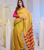 Mustard Cotton Blend Handwoven Saree With Magenta Stripes Pallu