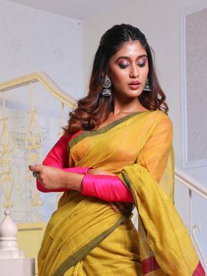 Mustard Cotton Blend Handwoven Saree With Magenta Stripes Pallu 2