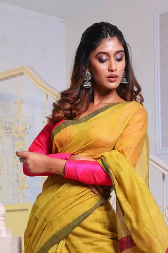 Mustard Cotton Blend Handwoven Saree With Magenta Stripes Pallu