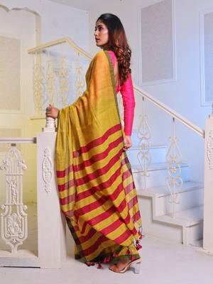 Mustard Cotton Blend Handwoven Saree With Magenta Stripes Pallu 3
