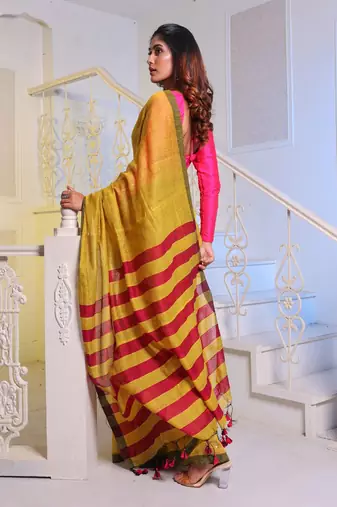 Mustard Cotton Blend Handwoven Saree With Magenta Stripes Pallu