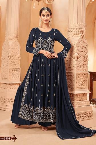 Women's Navy blue Faux Georgette Resham Work Bollywood Style Heavy Partywear Nyra Cut Kurta Sharara Set