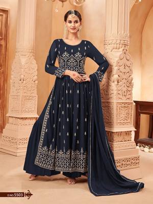 Women's Navy blue Faux Georgette Resham Work Bollywood Style Heavy Partywear Nyra Cut Kurta Sharara Set 1