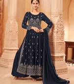 Women's Navy blue Faux Georgette Resham Work Bollywood Style Heavy Partywear Nyra Cut Kurta Sharara Set