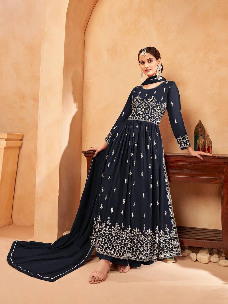 Women's Navy blue Faux Georgette Resham Work Bollywood Style Heavy Partywear Nyra Cut Kurta Sharara Set