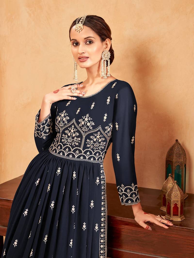 Women's Navy blue Faux Georgette Resham Work Bollywood Style Heavy Partywear Nyra Cut Kurta Sharara Set