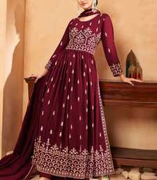 Women's Maroon Color Faux Georgette Resham Work Bollywood Style Heavy Partywear Nyra Cut Kurta Sharara Set