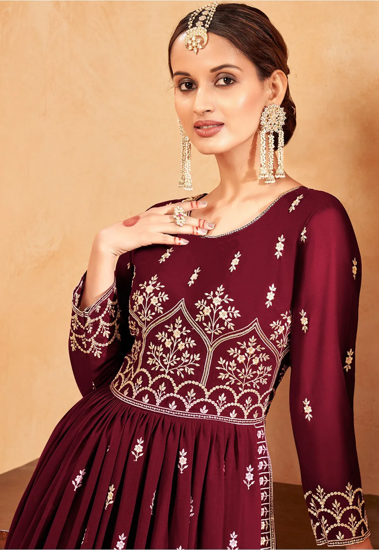 Women's Maroon Color Faux Georgette Resham Work Bollywood Style Heavy Partywear Nyra Cut Kurta Sharara Set