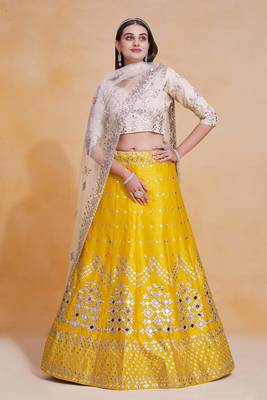 Amazing Yellow Mirror Work Lehenga Choli For Women Wedding Party Wear Lengha Choli 2