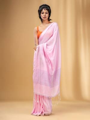 Baby Pink Cotton Handwoven Saree With Stripes Pallu 1