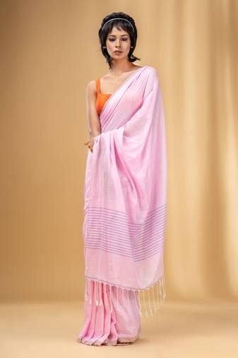 Baby Pink Cotton Handwoven Saree With Stripes Pallu