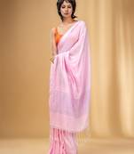 Baby Pink Cotton Handwoven Saree With Stripes Pallu