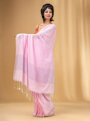 Baby Pink Cotton Handwoven Saree With Stripes Pallu 3