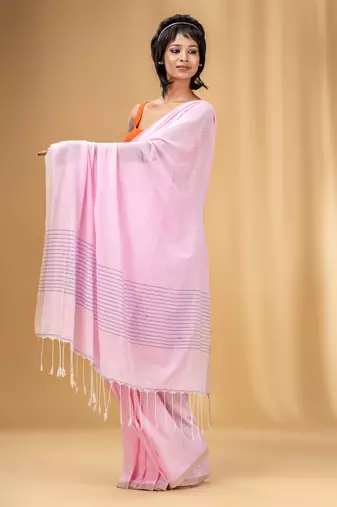 Baby Pink Cotton Handwoven Saree With Stripes Pallu